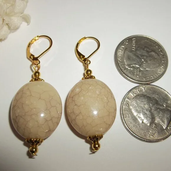 Tan Statement Earrings Gold Dangle Drop Beaded Jewelry Gift Set Woman Oval C763 - Picture 2 of 6